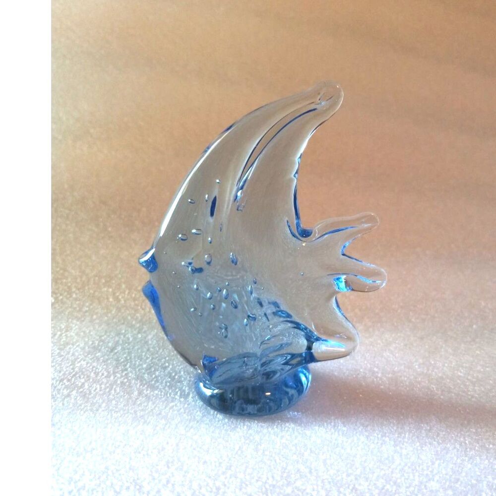 3.5" Vintage Ice Blue-Colored Blown Murano Art Glass Angelfish Paperweight